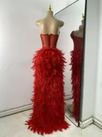 High Quality Women Sexy Straplss Crystals Diamonds Feather Luxury Party Dress Designer Mesh Transparent Performance Stage Outfit - Image 4