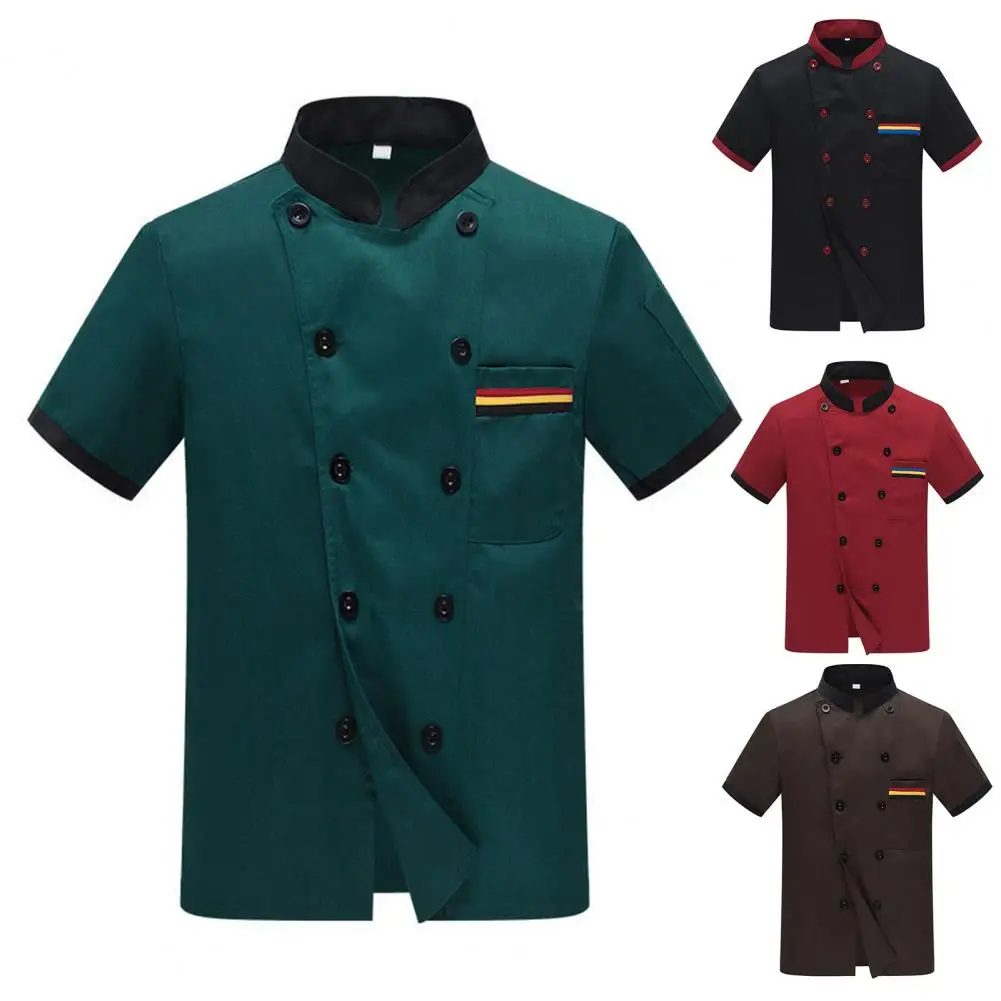 Breathable Unisex Chef Jacket Anti Deformation Chef Coat Short Sleeve Contrast Colors Chef Coat Waiter Top  Stain Proof