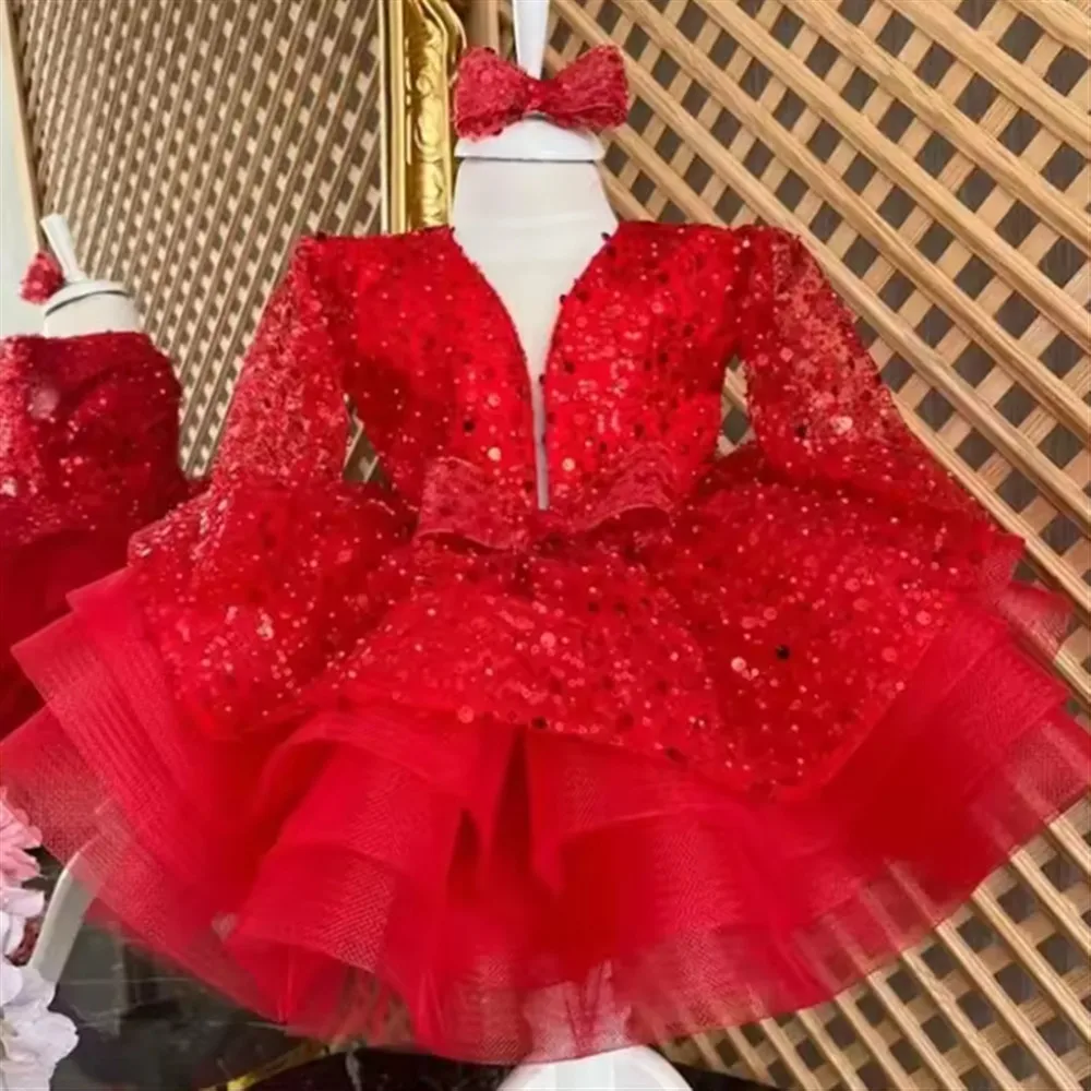 فستان الأميرة الفاخر لفتاة الزهور لحفلات الزفاف مع ترتر وأكمام طويلة للأطفال الصغار وحفلات أعياد الميلاد وحفلات التواصل حسب الطلب