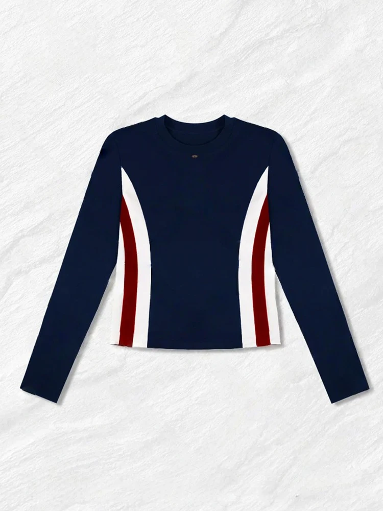 Camiseta Feminina Slim Fit de Manga Longa para Primavera e Outono, Nova, com Cintura Ajustada, Top Listrado Bonito, Moda Streetwear