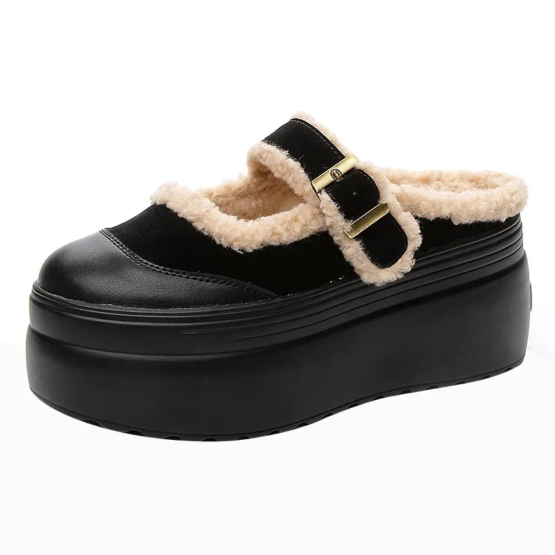 

Новинка 2023 года, женские тапочки на танкетке, модные осенне-зимние туфли-лодочки с круглым носком, женская обувь из натуральной кожи на платформе, женская плюшевая обувь