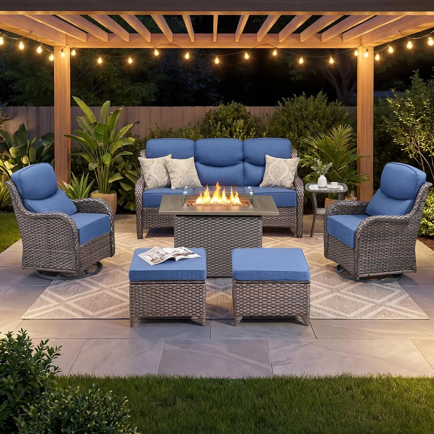 Thick Cushion Wicker Patio Set With Fire Pit Swivel Sofa Ottoman 7pcs Outdoor Conversation, Customized