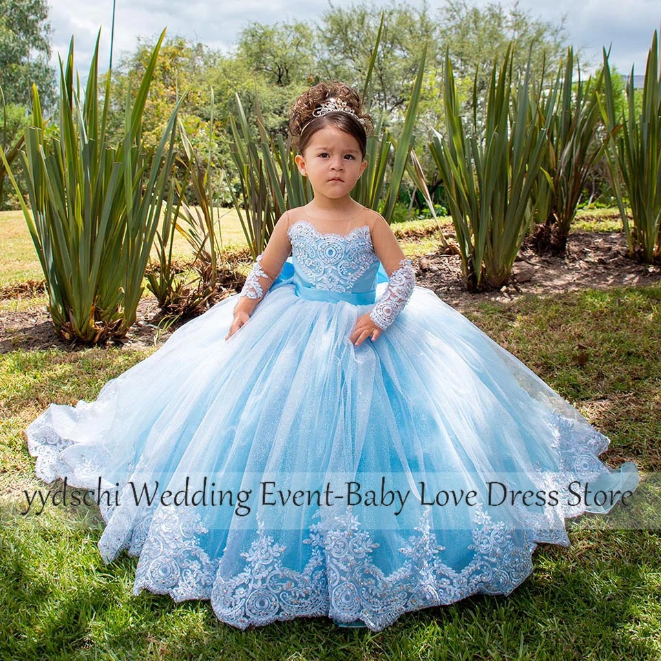 Vestidos esponjosos de primera comunión para niña, vestidos de flores para fiesta, vestido de baile para niña de 2 a 16 años, cuello transparente con cordones, 2023