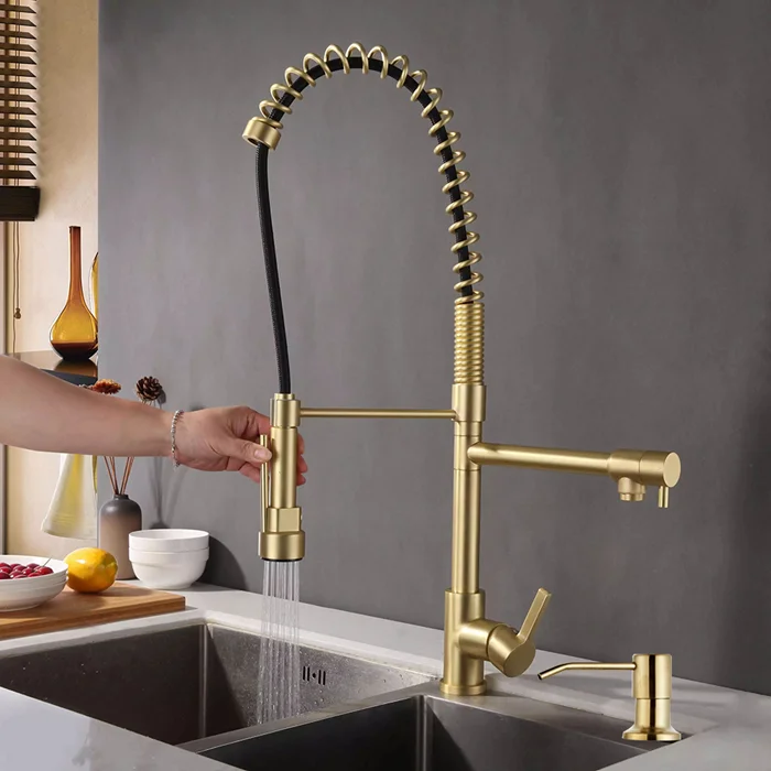 

Pull down taps Brushed Gold kitchen faucet contemporary faucet for kitchen sink With Soap dispenser