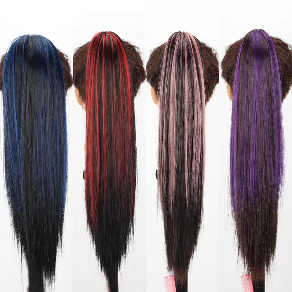 Synthetic Long Straight Ombre on Ponytail Hair Extensions 22Inch Heat Resistant Pony Tail Hair Piece for Women Daily Party