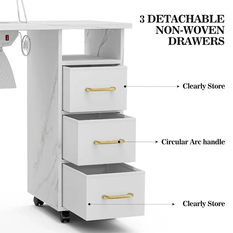 Table de manucure avec station de charge, module d'ongle Bergame marbré, station de table à ongles avec collecteur de poussière, alimentation