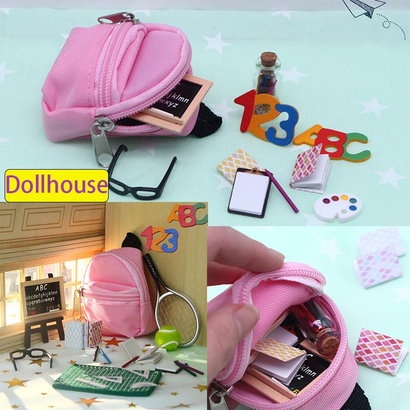 

1Set 1:6 Dollhouse Miniature School Stationery Supplies Ruler Schoolbag Pencil Blackboard Holder Glasses Model Decor Toy