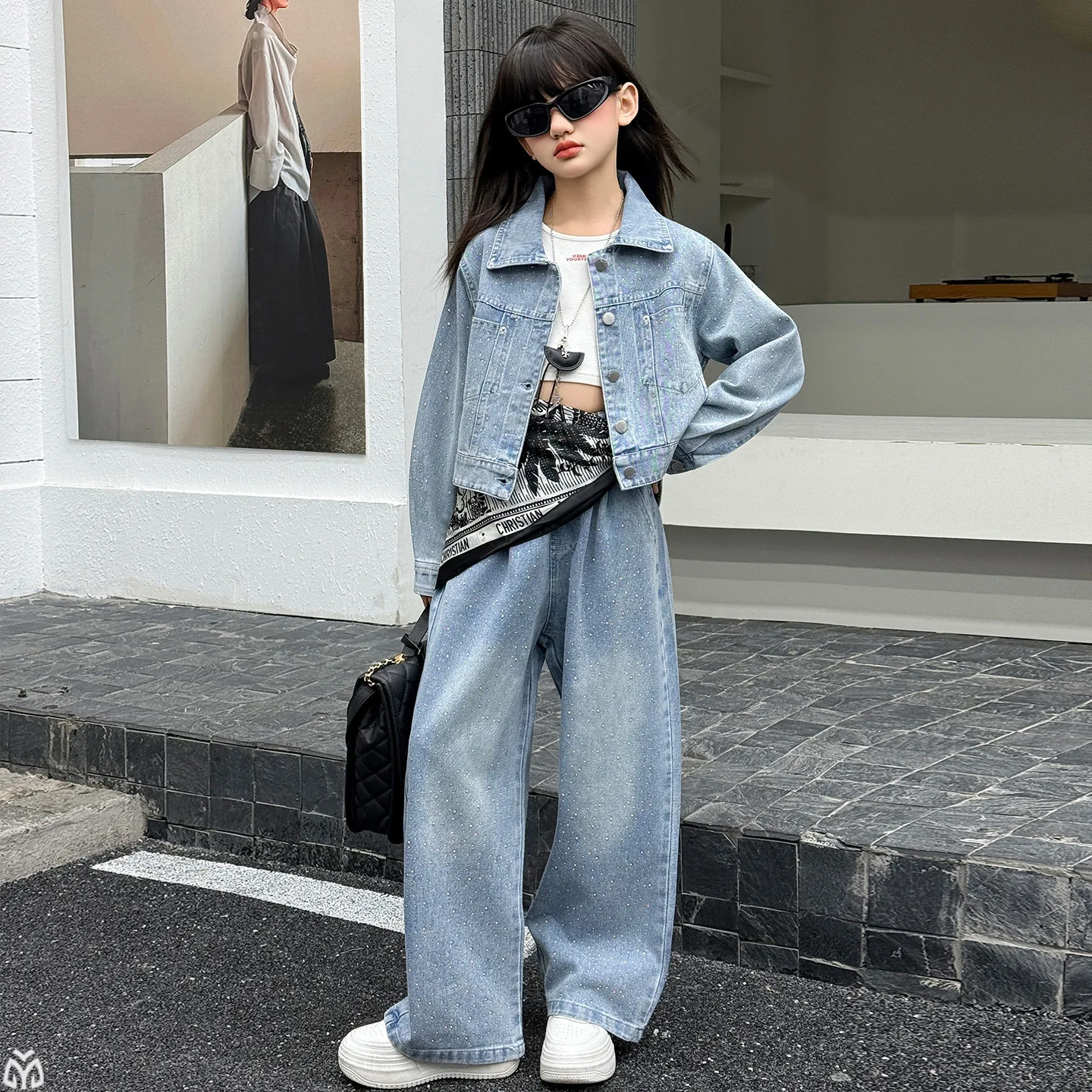 kids clothing set child outfits Hot stamping denim jacket+wide leg pants 2pcs junior 4-14 teen girls Shiny denim clothes suit 99