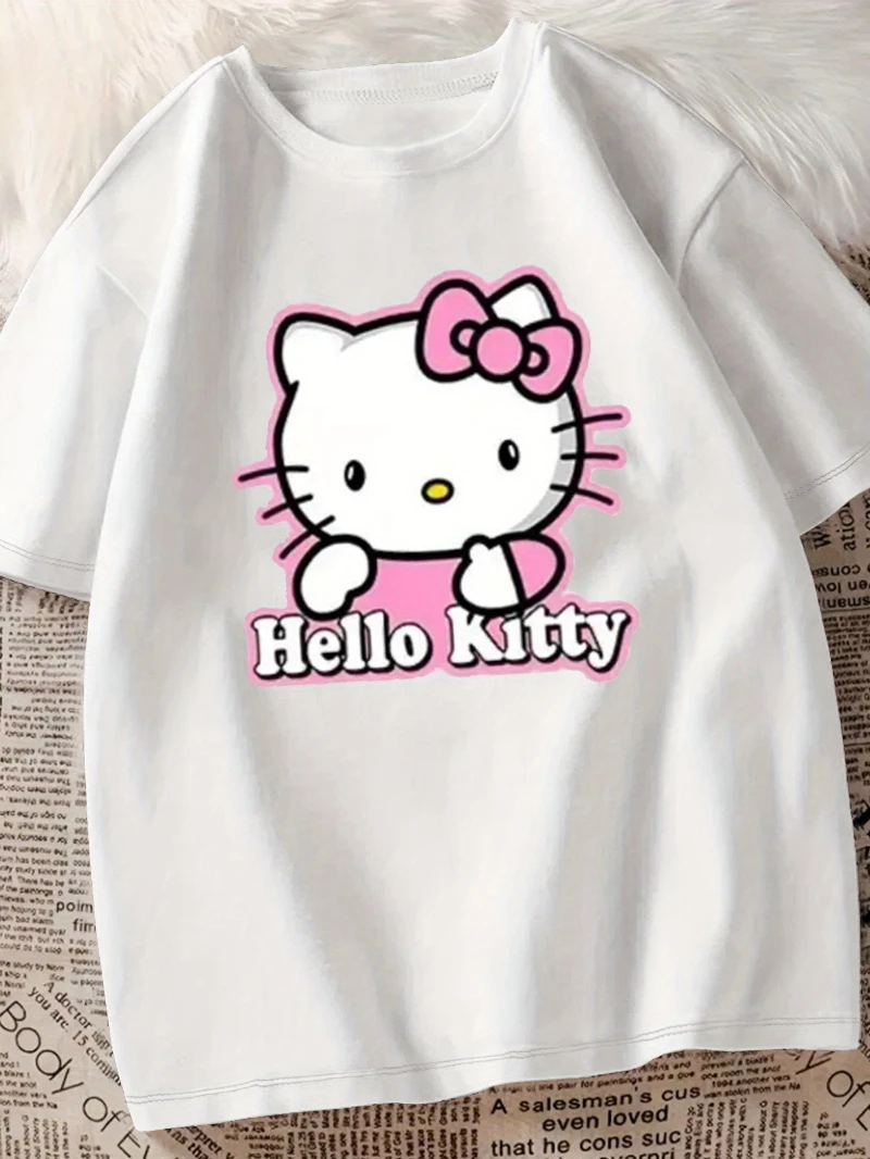 

Sanrio Hello Kitty Pattern T-shirt Women's Casual Round Neck Loose Short Sleeved T-shirt Soft Fabric, Bright Red with Bow Design