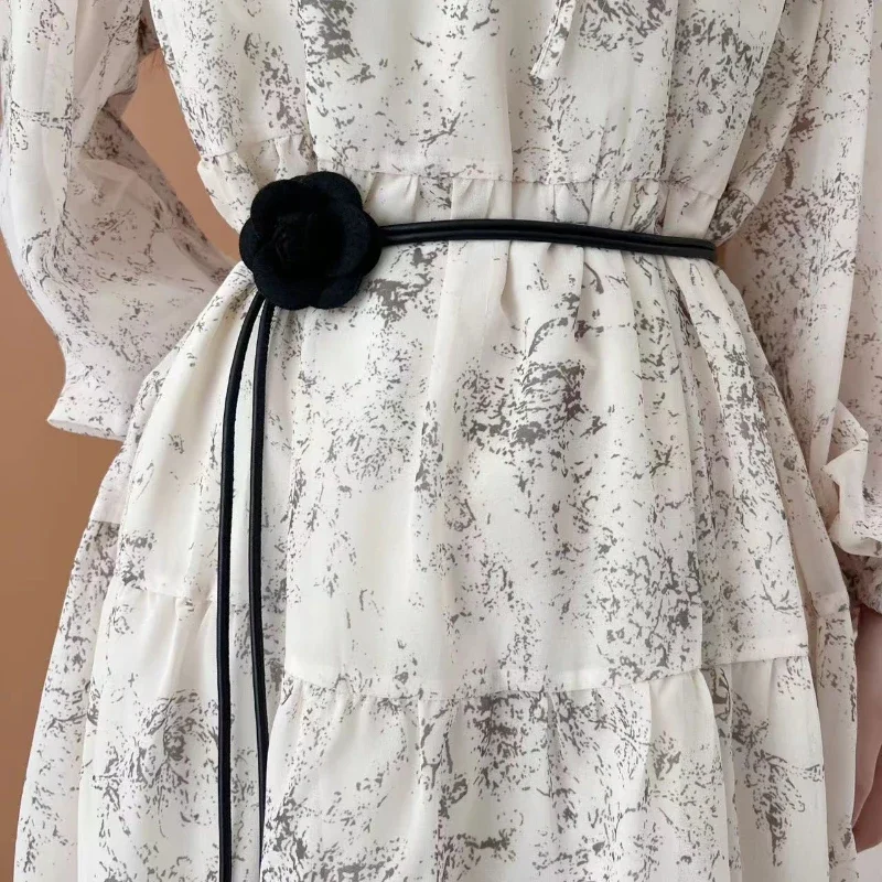 New Camellia Flower Leather Thin Belt Women Dress Decorative Soft Knotted Waist Rope Off-white Black