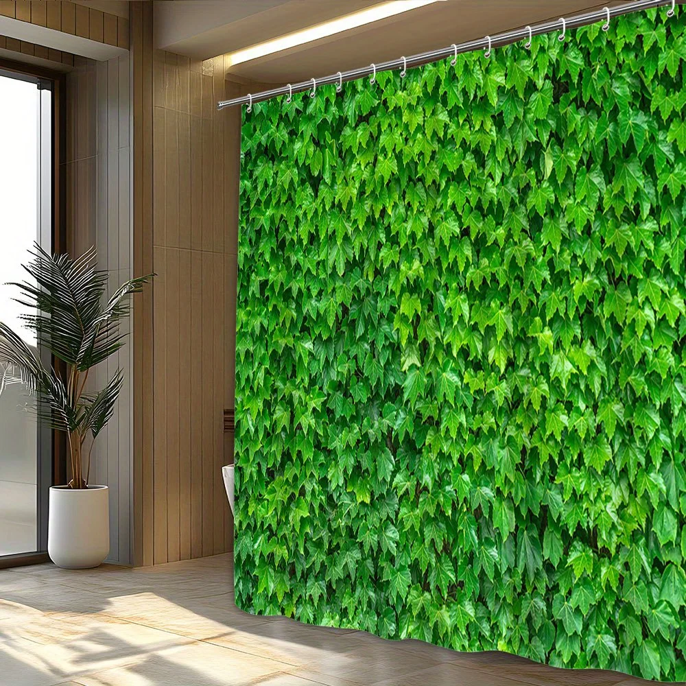 1pc Lush Ivy Leaf Shower Curtain - Glossy Green Polyester Fabric, 70.87x70.87 Inches, Realistic Foliage Design with 12 Hooks, Ma