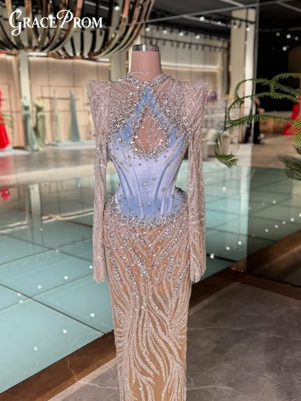 

Elegant Blue Prom Dress Sensual High Neck Sheer Evening Gown Alluring Crystal Corset Beaded Formal Party Dress Vestidos De Noche