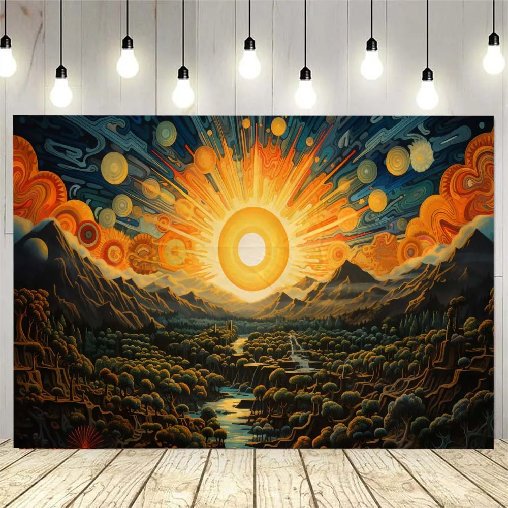 

Psychedelic sky, sun landscape, tapestry, medieval room decoration, aesthetic landscape, art poster, background cloth