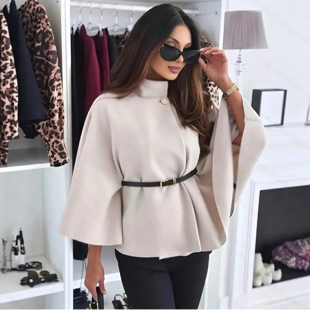 Solid Color Short Cape Coat Fitted Waist Belted Design Elegant Cloak Jacket Loose Fit Thick Warm Batwing Sleeve Coat for Women