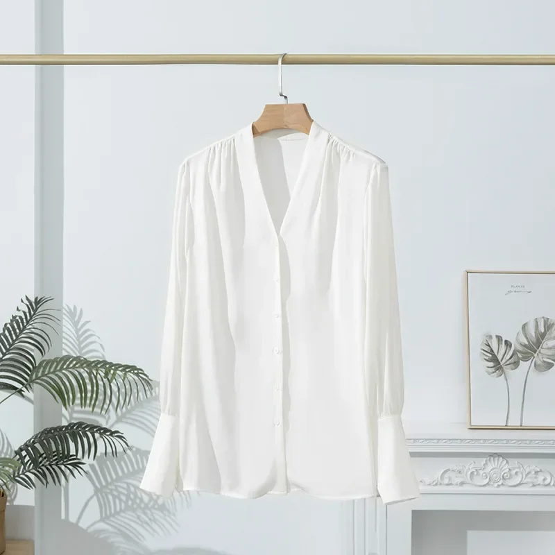 Stretch Crepe Satin Women Shirt 100% Silk Shirt Women\'s Spring V-neck Satin Long-sleeved Satin Blouse Mulberry Silk Shirt