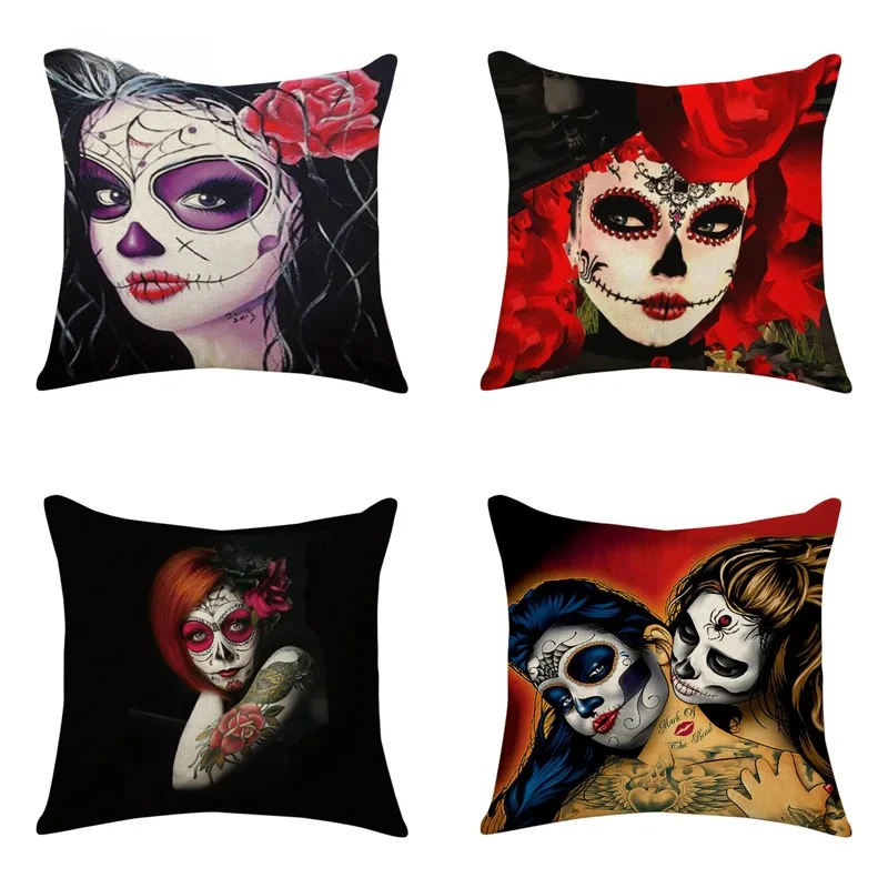 2024 Halloween Beauty Skull Series Linen Pillow Car Cushion Cover Home Bedroom Hotel Decoration Wedding Personality Gift 45x45cm