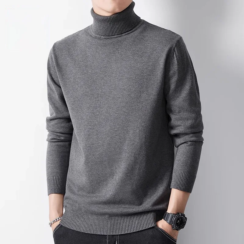 Spring Autumn Turtleneck Long Sleeve Sweater For Men New Fleece Lined Thickened Warm Base Layer Knitted Shirt Pullover