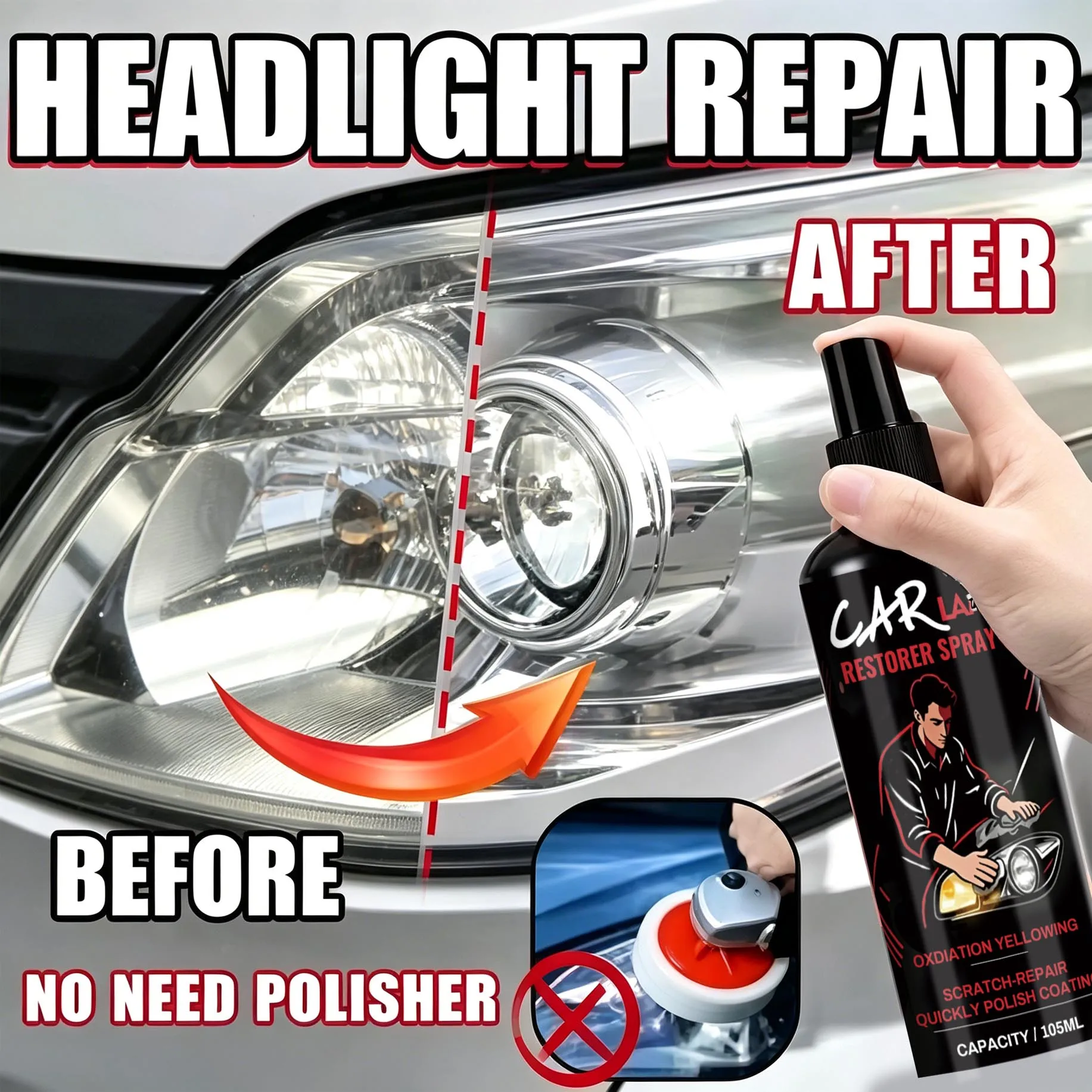 Car Headlight Restoration Polishing Spray - Scratch Remover & Oxidation Cleaner Repair Paste for Headlamp Assembly Polish Kit