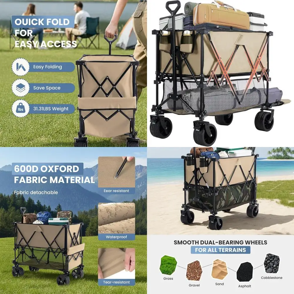 

Folding Double Decker Wagon with Brakes, 440 lbs Capacity, Flexible Handle, All-Terrain Wheels for Outdoor Activities