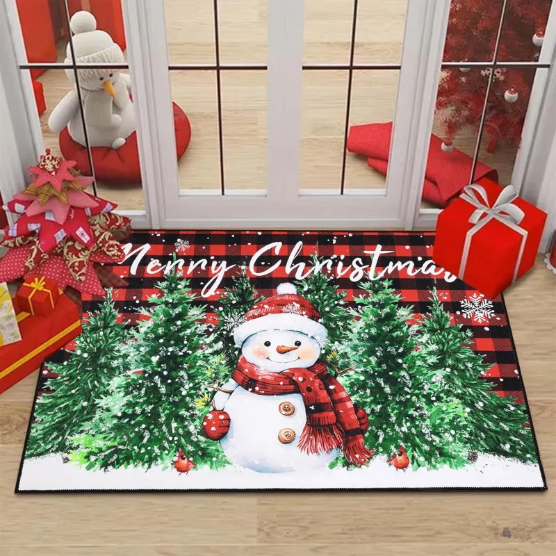 Christmas red and black checkered snowman washable anti slip door mat winter home decoration