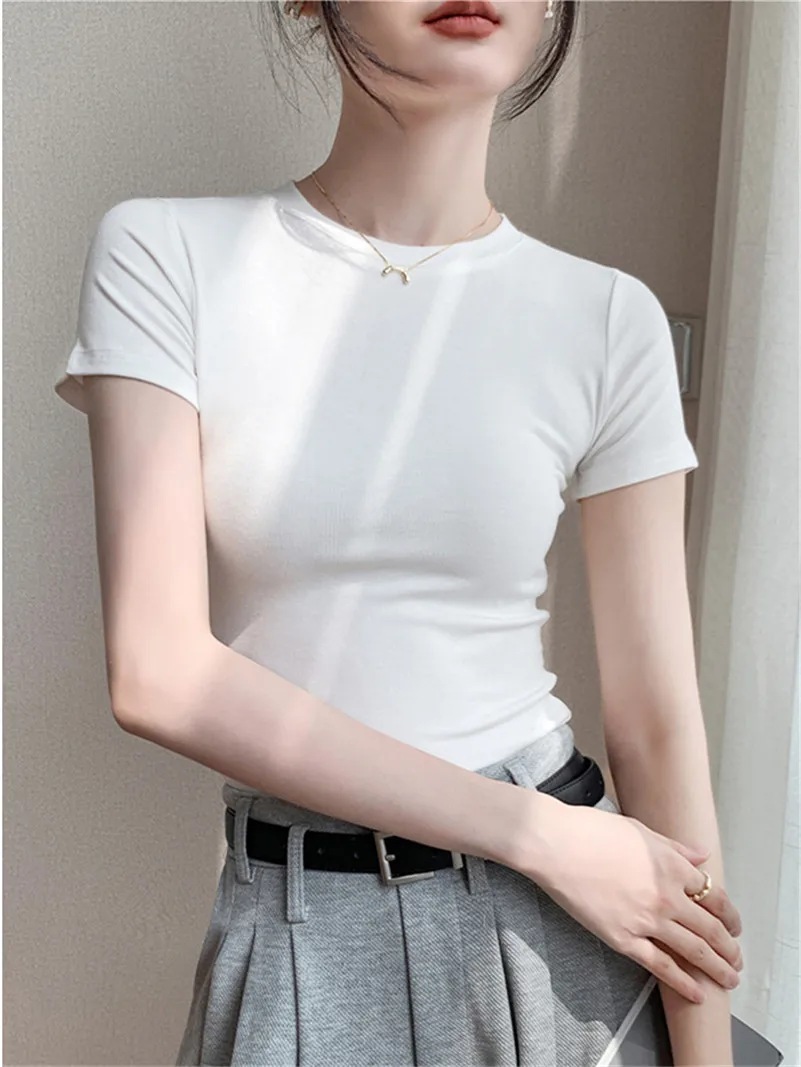 Summer New Knitted Cotton White Round Neck Tops Tight Fitting For Women Advanced Sense Versatility Solid T-Shirts Blouses