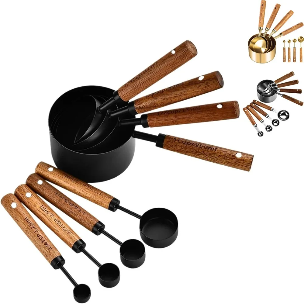 

Measuring Cup and Spoon Set 8 Piece Stainless Steel Measuring Cup with Wooden Handle Baking Tools Coffee Measuring Spoon Set