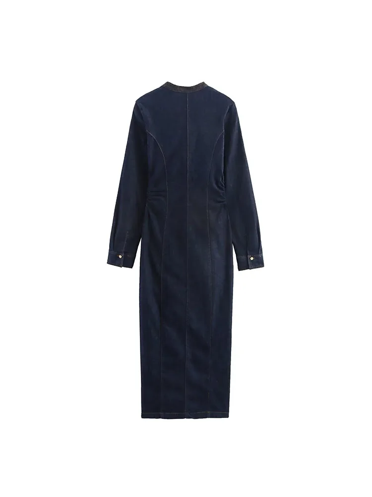 2025 frauen Herbst Denim Shirts Kleid Vintage Solide V-ausschnitt Langarm Dünne Weibliche Elegante Straße Plissee Kleider Kleidung