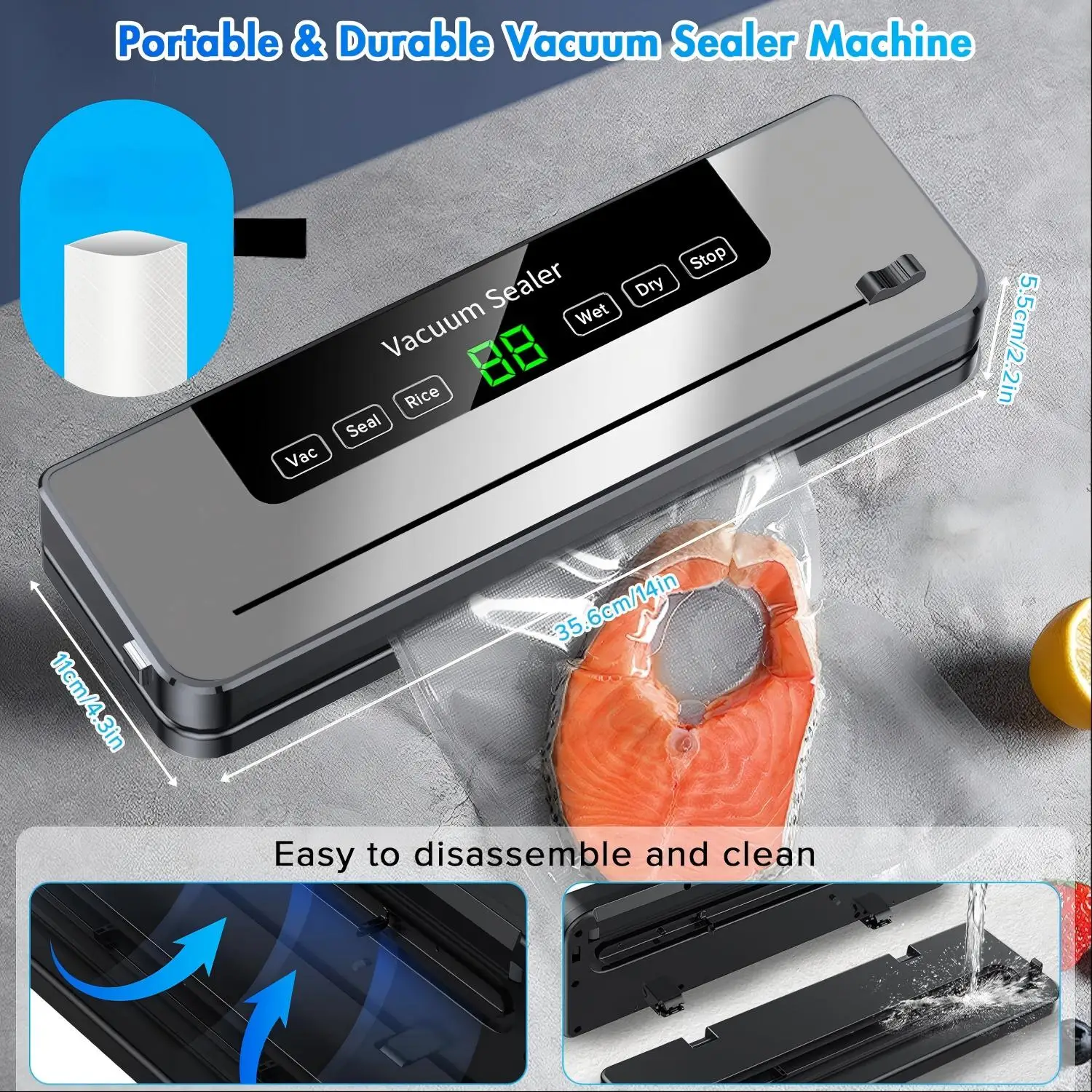 Vacuum Sealing Machine with 10 Bags Built-in Cutter Automatic Food Sealer Machine for Food Led Indicator Lights Dry & Moist Food