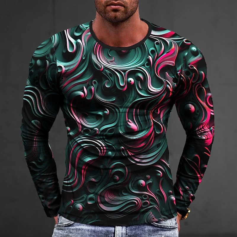 Fashion Relief Sculpture Pattern T-shirt Trend Round Neck 3D Printed Long Sleeve T Shirt Casual Streetwear Personalization Tees