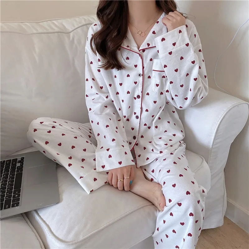 

Women's Autumn Sweet Love Heart Print Long Sleeved Long Pants 2PCS Pajamas Set Loose Fit Cute Student Loungewear