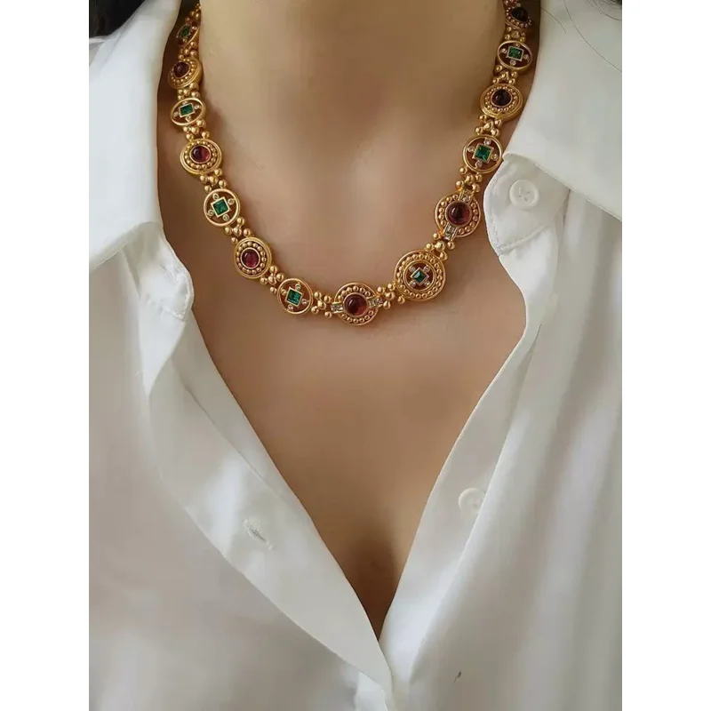 Brass Colorful Beads Rhinestoned Chunky Choker Necklace Women Jewelry Punk Designer Runway Rare Gown Boho Japan Korean