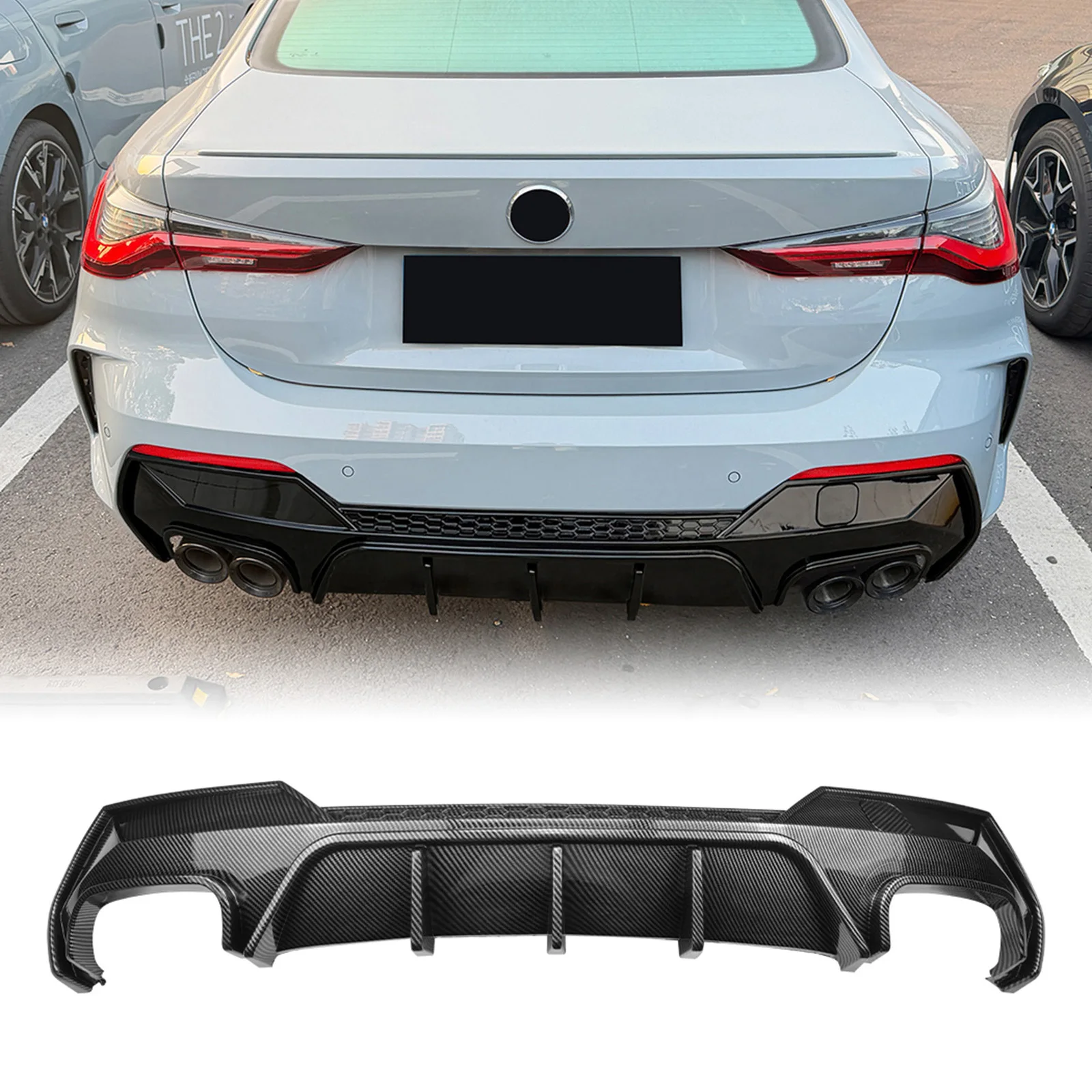 

For BMW 4 Series G22 G23 420i 430i 440i M440i M Sport 2020-2025 Carbon Fiber Look/Gloss Black Rear Bumper Diffuser Spoiler Lip