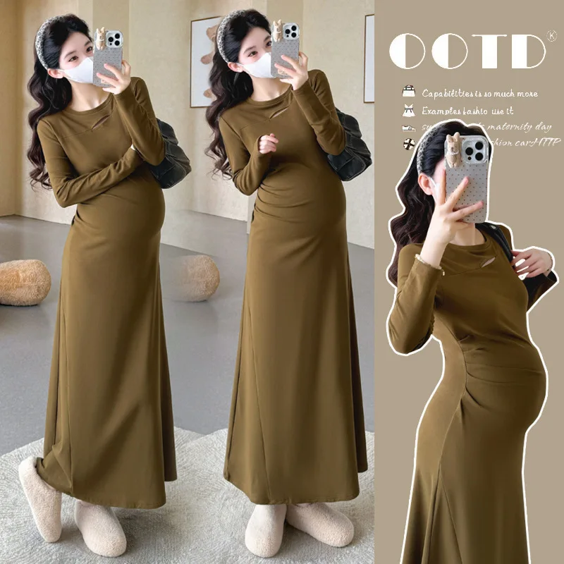 Maternity Dress Spring Autumn 2026 Minimalist Versatile Gentle Elegant Temperament Soft Stretchy Bodycon Long Sleeve Maxi Dress
