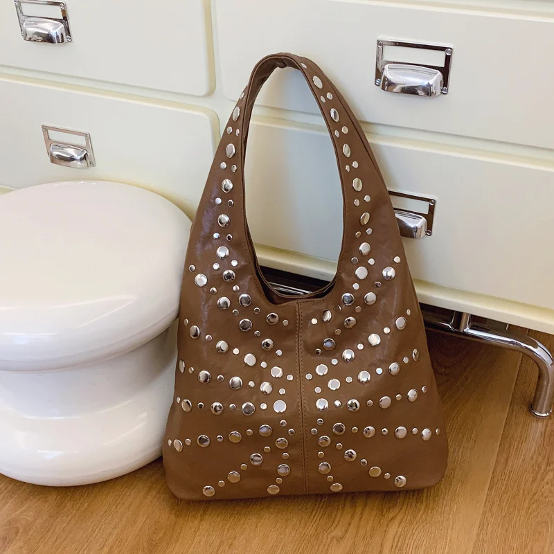 Women Hobo Shoulder Bag 2026 New Rivet Decor Soft Leather Underarm Bag Large Capacity Top Handle Tote For Ladies Daily Use