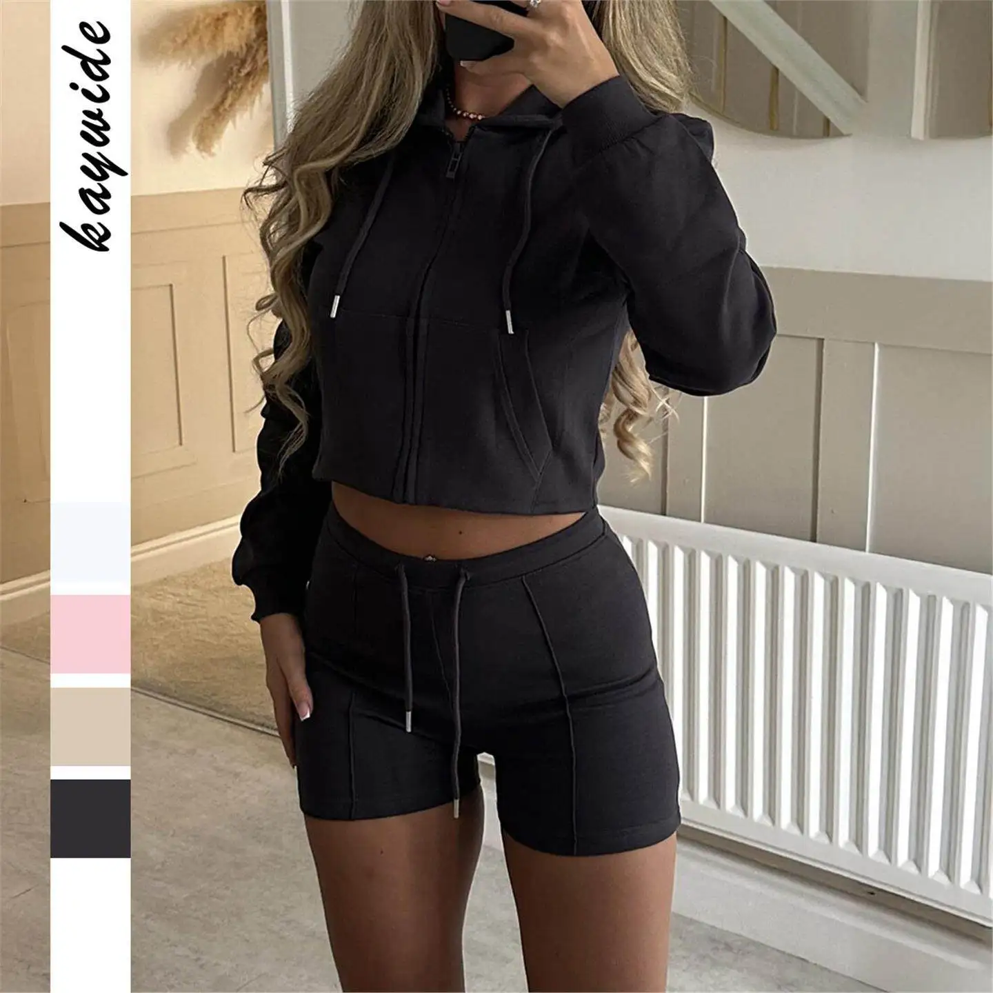 

Spor Long Sve Hoodie orts Set Women's Casual Wear Mid-Low Waist PVC Fabric No Brand Pure Color Autumn Winter Outfit