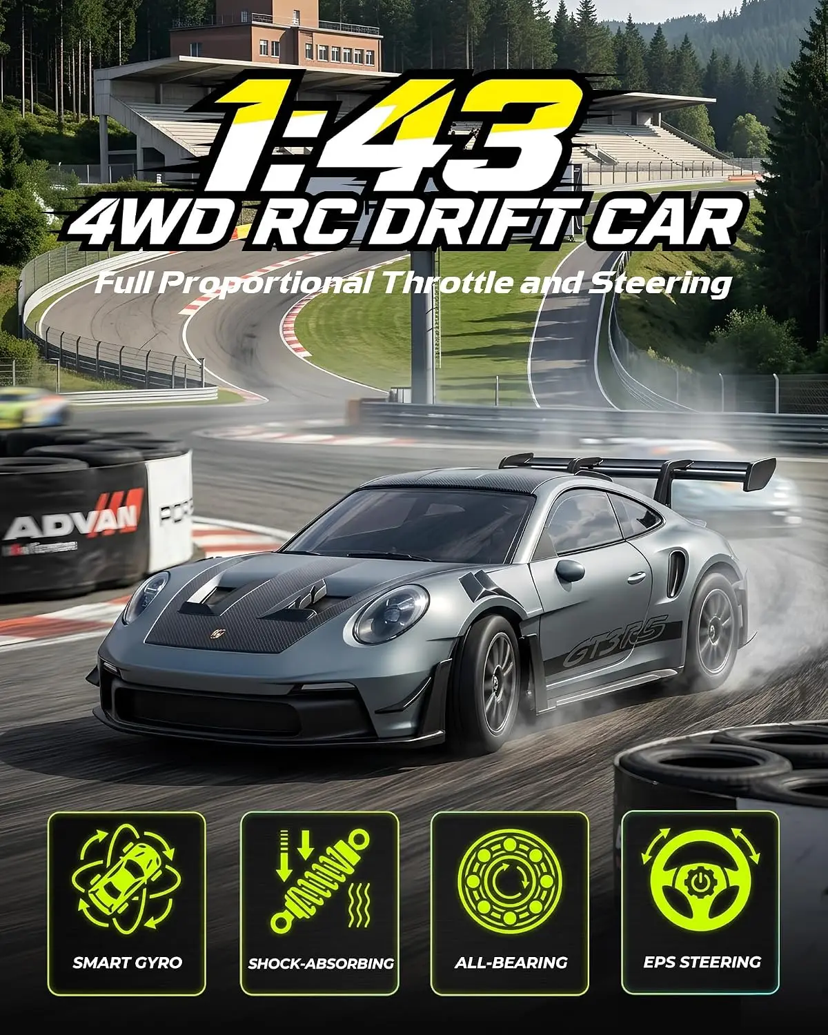 1/43 911 RC Drift Car 4WD with Gyro Full Proportional RTR | Alloy Body, 20KM/H Speed, Extra Drift Tires, Silent Bearings, LED Li