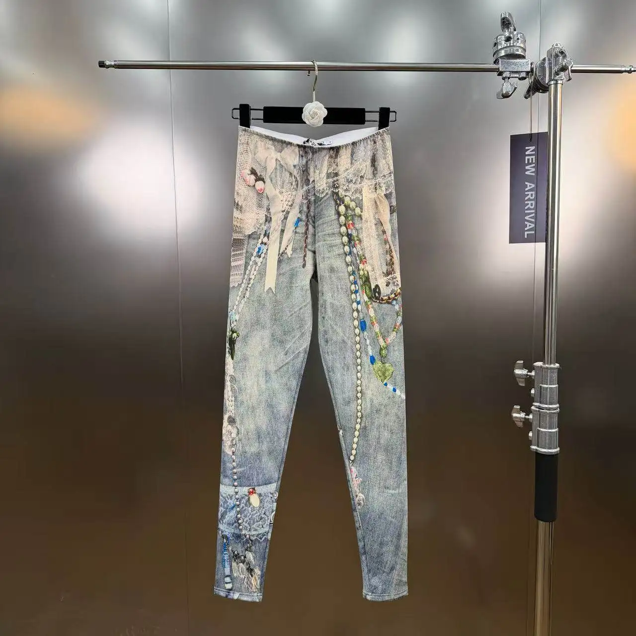High Street Skinny Legging Pants Women's Spring Vintage Printed Imitation Denim Slim Fit Leggings with A Streetwear Feel