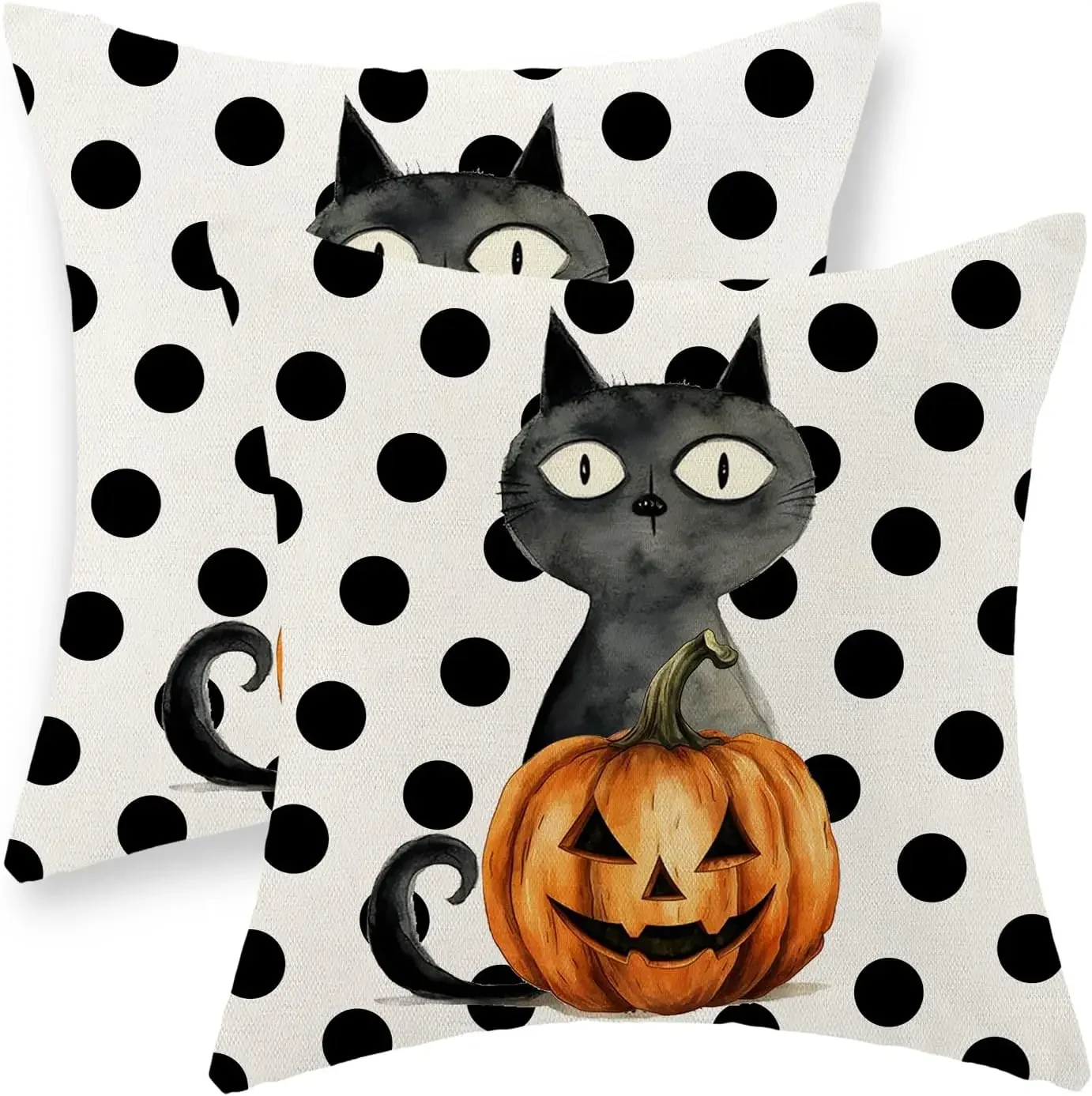 Halloween Pillow Covers 18x18 Set of 2 Polka Dot and Pumpkin Black Cat Throw Pillow Covers Halloween Decorations Outdoor