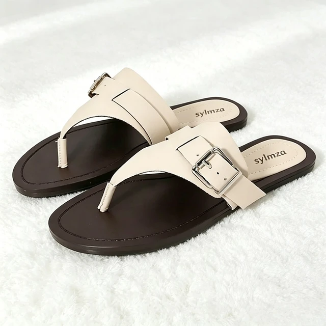 Comfort Summer Flip Flops Women Fashion Metal Buckle Design Soft Bottom Flat Sandals Casual Beach Slippers Sandalias De Mujer