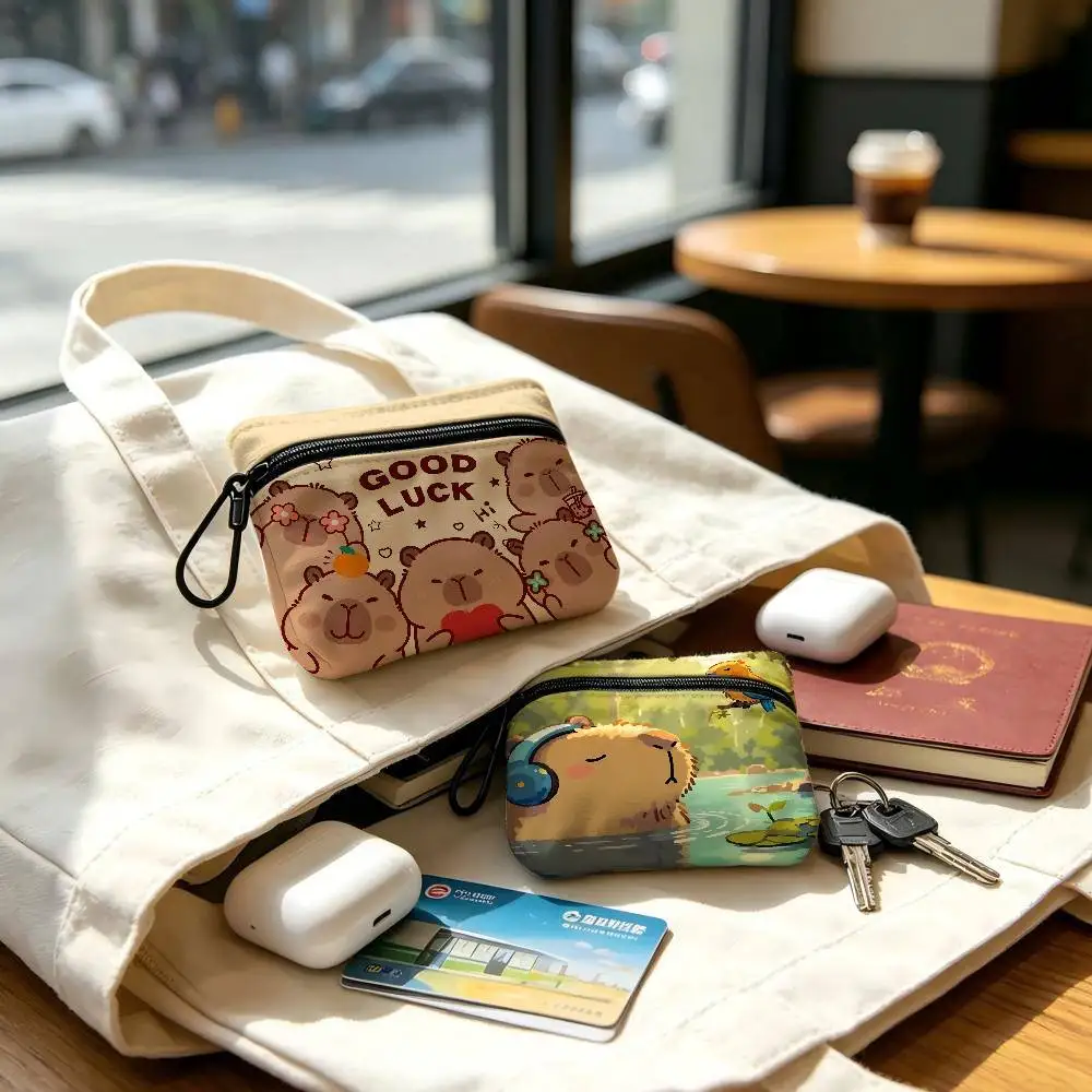 Cute ARelaxing-Capybaras Cloth Coin Purse With Carabiner Hook Portable Key Card Wallet Small Zipper Storage Pouch