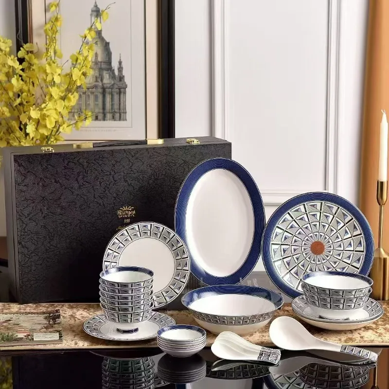 28-Head bone china tableware set, bowl and plate gift box.