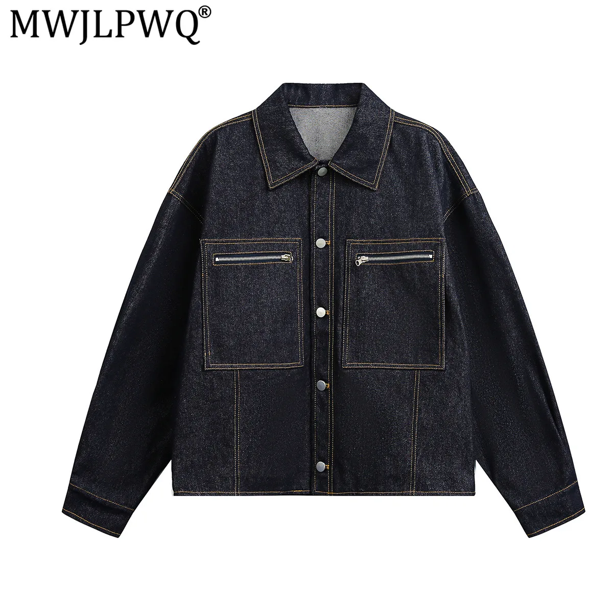 MWJLPWQ Retro Style Boxy Washed Denim Jacket For Men American New Spring Autumn Lapel Workwear Long Sleeve Casual Coat 20818