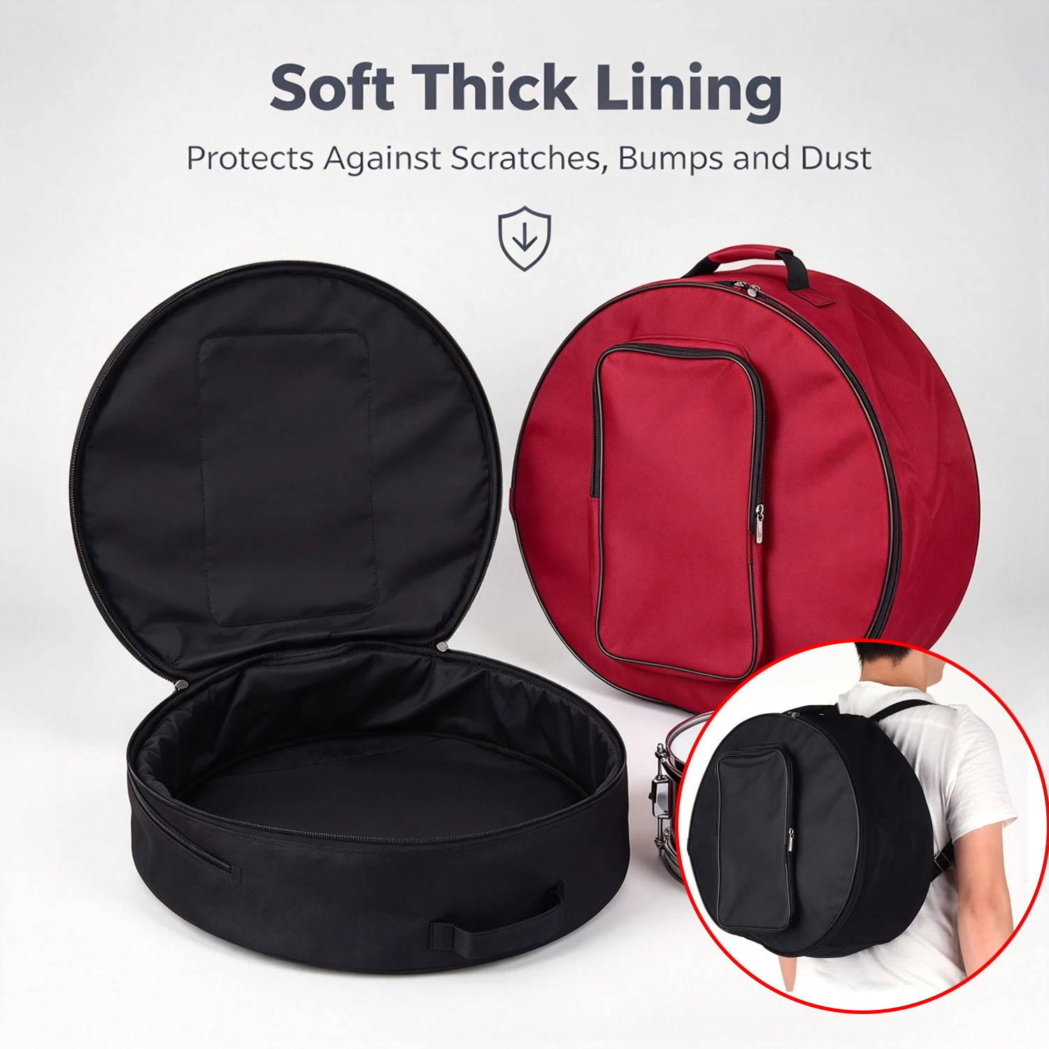 Compact Snare Drum Backpack Case, Carrying Round Tool Bag with Shoulder Strap and External Pockets,musical Instrumentaccessories