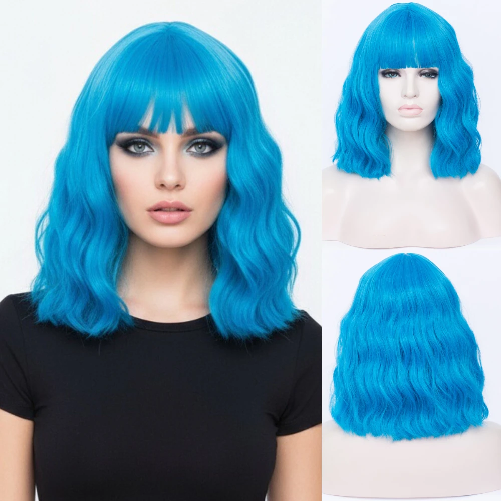 Synthetic Short Bob Wig with Bangs 14 Inch for Women Blue Wig for Daily Cosplay Use