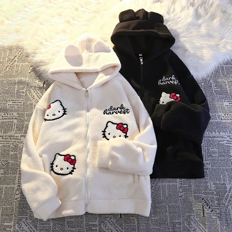 Sanrio Kawaii Hello Kitty Cat Polar Fleece Hooded Hello Kitty Sweatshirt New Autumn Winter Plus Velvet Loose Coat Plush Gift