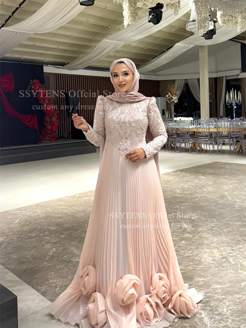 فساتين سهرة فاخرة من SSYTENS للنساء لحفلات الزفاف فساتين حفلات الضيوف الوردية الأورجانزا بأكمام طويلة للمناسبات الخاصة حسب الطلب