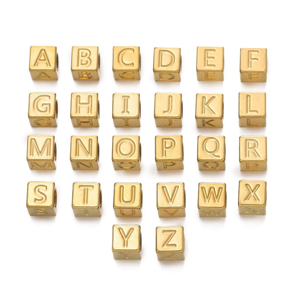 1Pc 7x7mm Gold/Steel Stainless Steel Vacuum Plated Square Alphabet Beads For DIY Necklace Bracelet Jewelry Making Accessories