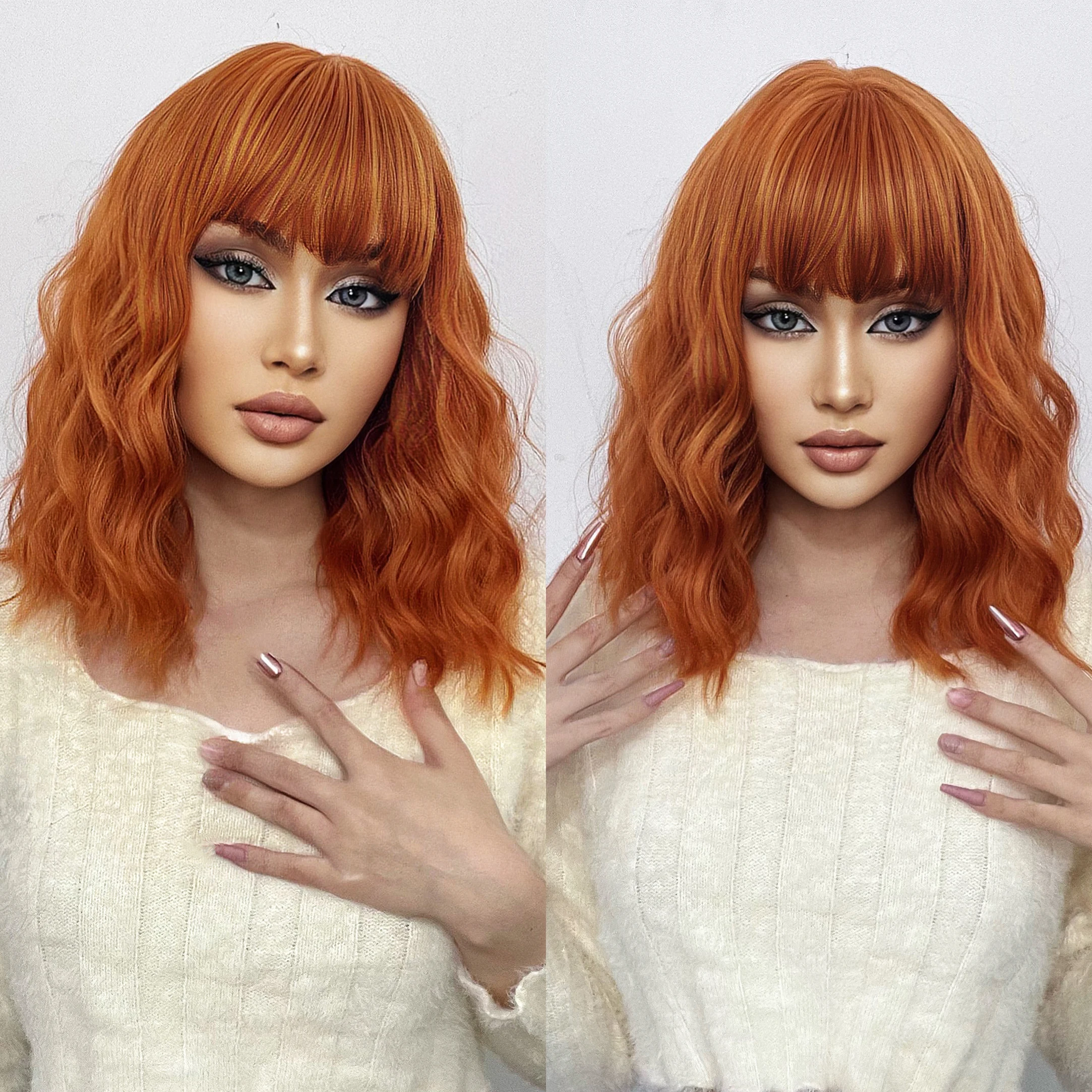 HAIRCUBE Orange Short Bob Synthetic Wigs Natural Wave Hair for Women Wigs With Bangs Daily Lolita Heat Resistant Fashion Wigs