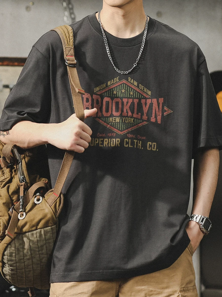 American Retro Brooklyn Print T Shirt Polyester Oversized Loose O Neck Tees For Men Vintage Street Style Short Sleeve Y2k Tops