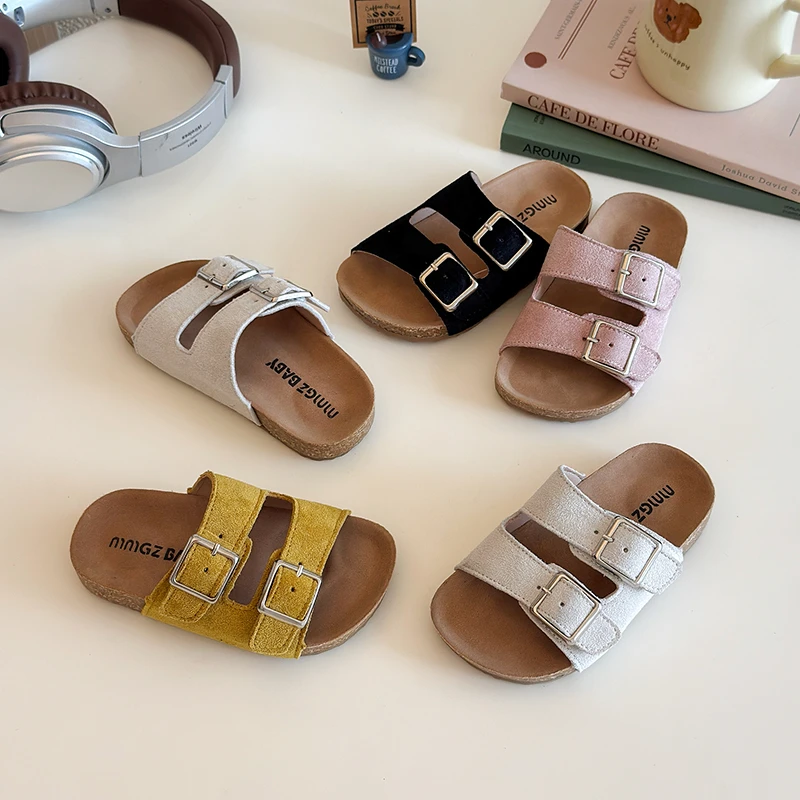 Sommer Kleinkinder Schwarze Slide-Sandalen mit Zwei Schnallenriemen Korksohle Rutschfest Weich für Innen- und Außenbereich Täglichen Gebrauch